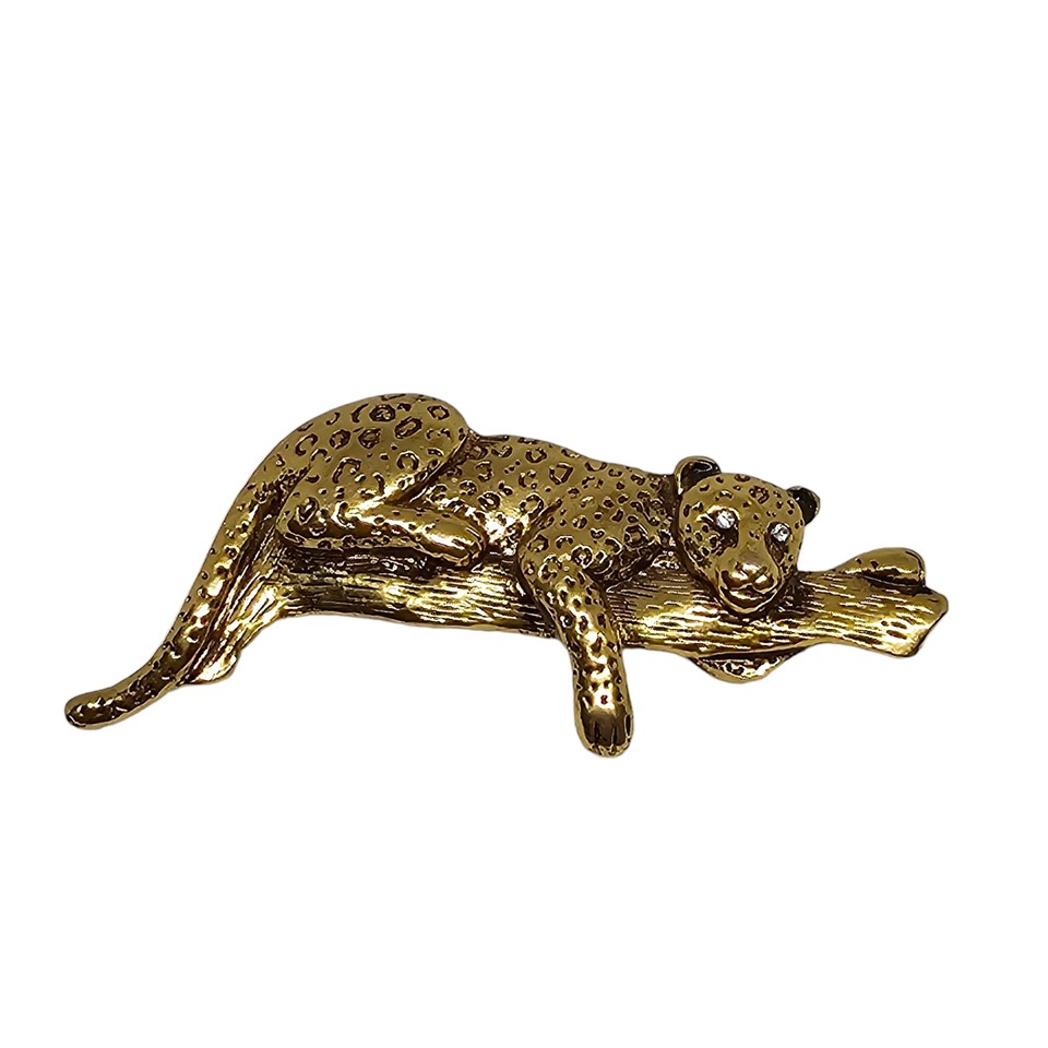 Vintage Gold Tone Leopard on a Jungle Tree Branch Brooch with