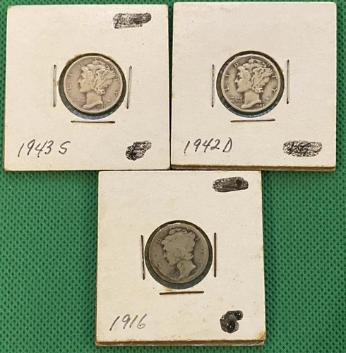 1916, 1942-D, 1943-S Silver mercury dimes Lot of 3 (308)