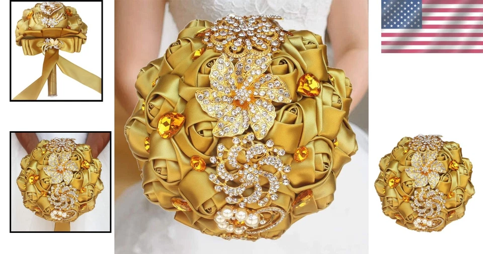 Luxurious Gold Rhinestone Bridal Bouquet - Image 2 of 4