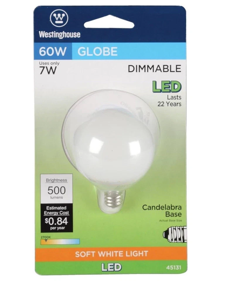 Westinghouse 60W Base G16-1/2 Dimmable Soft White LED Light Candelabra Base 4 Pk - Image 2 of 4