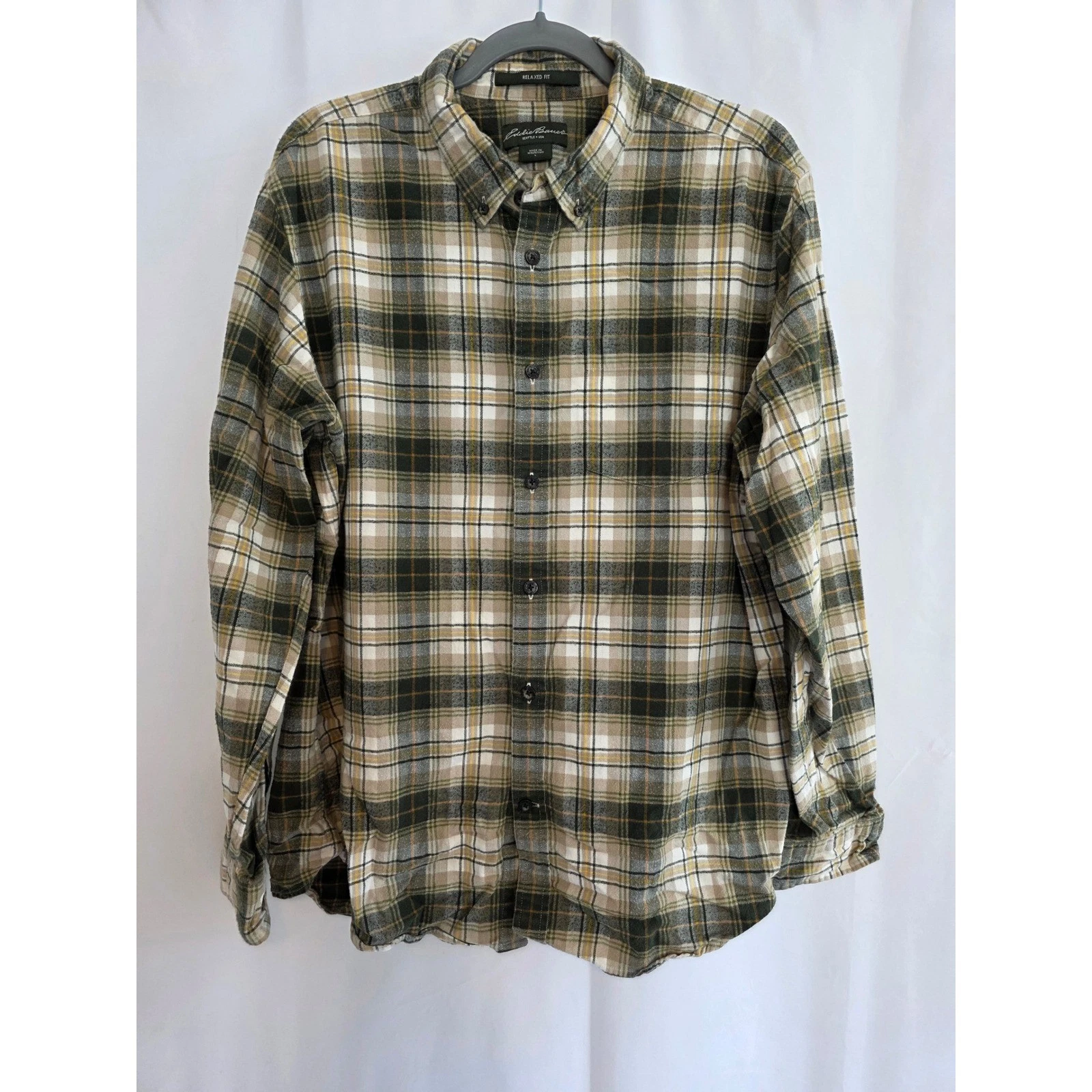 Eddie Bauer Mens Plaid Flannel Relaxed Fit Long Sleeve Button Up Shirt L