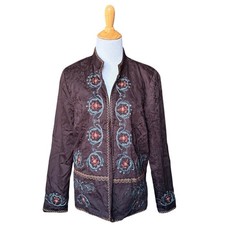 Coldwater Creek Brown Venice Embroidered 100 Cotton Open Blazer Jacket Sz L