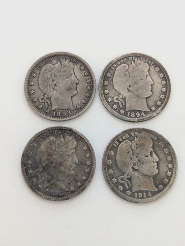 4 Barber Quarters 1893, 1894S, 1898 and 1914D - 90% Silver 1 Dollar Face