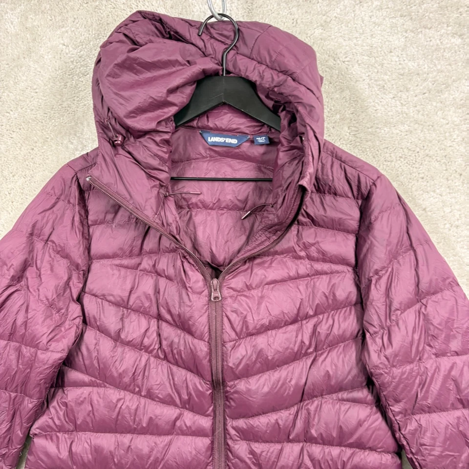 Lands' End Puffer Parka Womens Size Medium Petite Purple Hooded Down Zip Pockets - Image 4 of 4