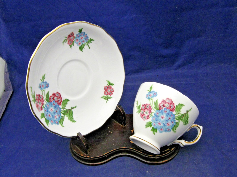 Vintage Royal Vale Tea Cup & Saucer - Pink & Blue Flowers - Bone China - England
