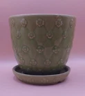 SHAWNEE Flowerpot Planter Attached Saucer Quilted Daisy Green 4.75" Mid-Century
