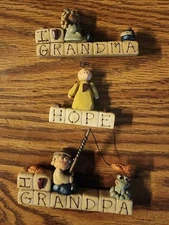 Vintage Lot Of 3 Bucket Blossom Figurines, Grandma, Grandpa, Hope Angel, Signed