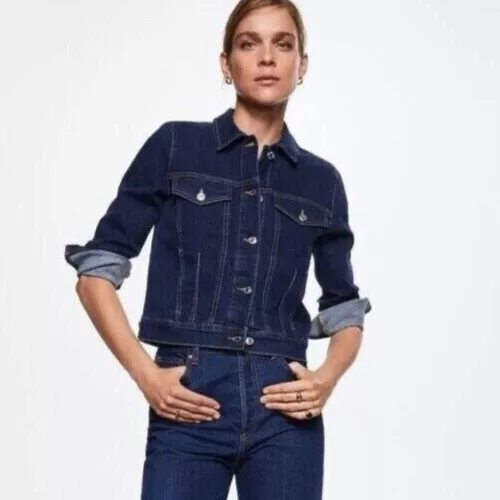 NWT Mango MNG Women XXL Vicky Cotton Button Up Denim Jacket Dark Blue Rinse Wash