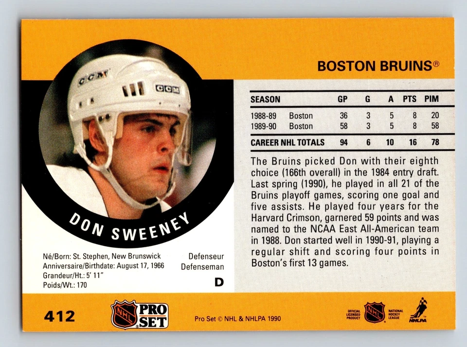 Don Sweeney 1990-91 Pro Set #412 Boston Bruins RC - Image 2 of 2