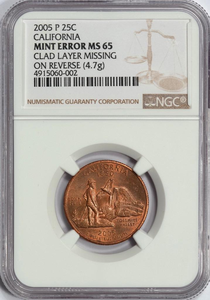 2005 NGC MS65 Missing Clad Layer California Quarter Mint Error