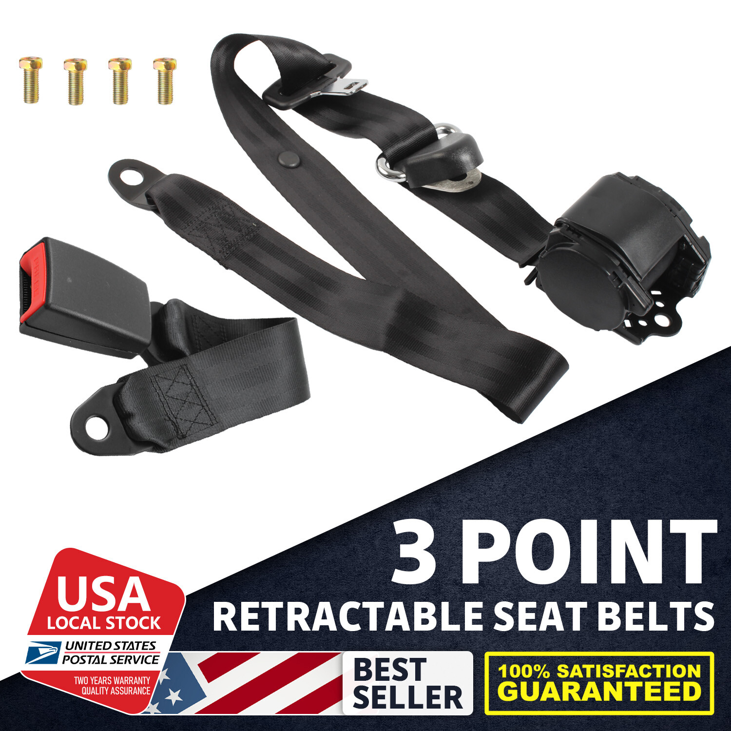 Durable 3 Point Retractable Safety Seat Belt Straps Car Adjustable Belt Kit US
