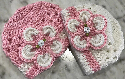 Handmade Crochet Baby Girl Hat White/ Pink  Newborn 3 Months 