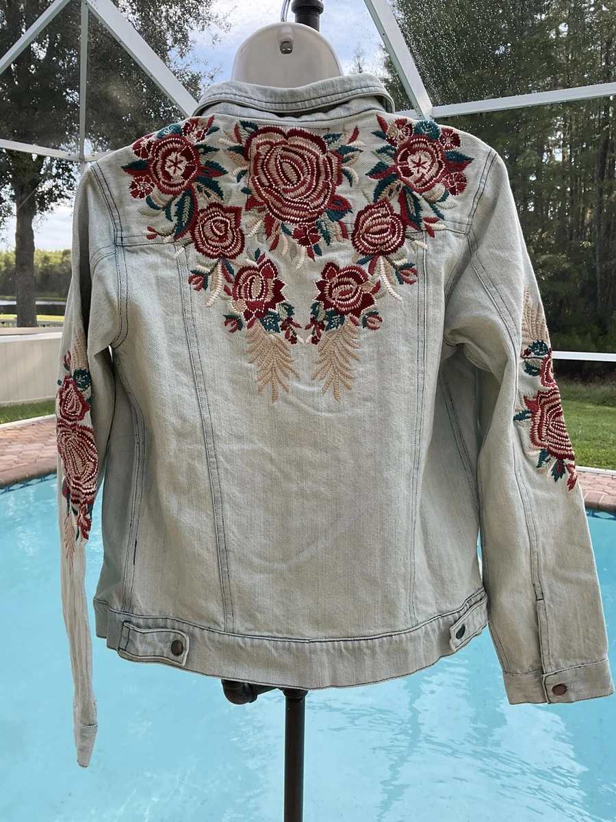 Kyla Seo Small Jacket Embroidered Back Arms Front Jean Denim