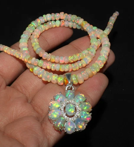 Natural Ethiopian fire opal beaded necklace with sterling silver opal pendant