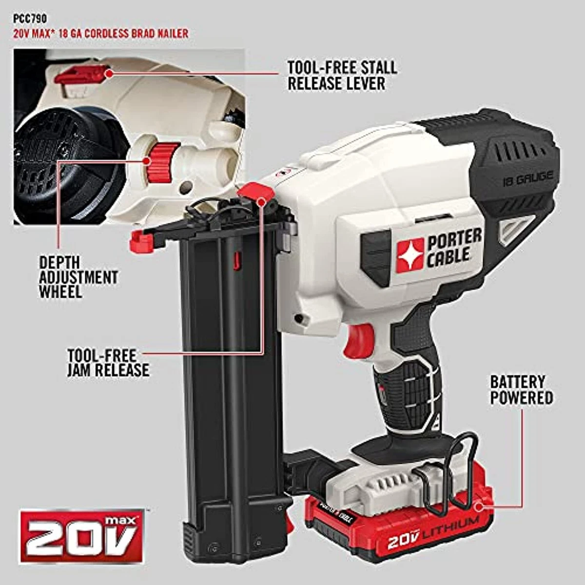 PORTER CABLE 20V MAX Cordless Brad Nailer Kit with 1 Battery 18GA PCC790LA