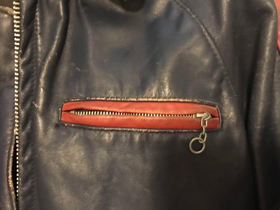 Schott USA Logo Line Riders Jacket Blouson Men Size 36 Navy Blue Red Vintage - Image 2 of 4