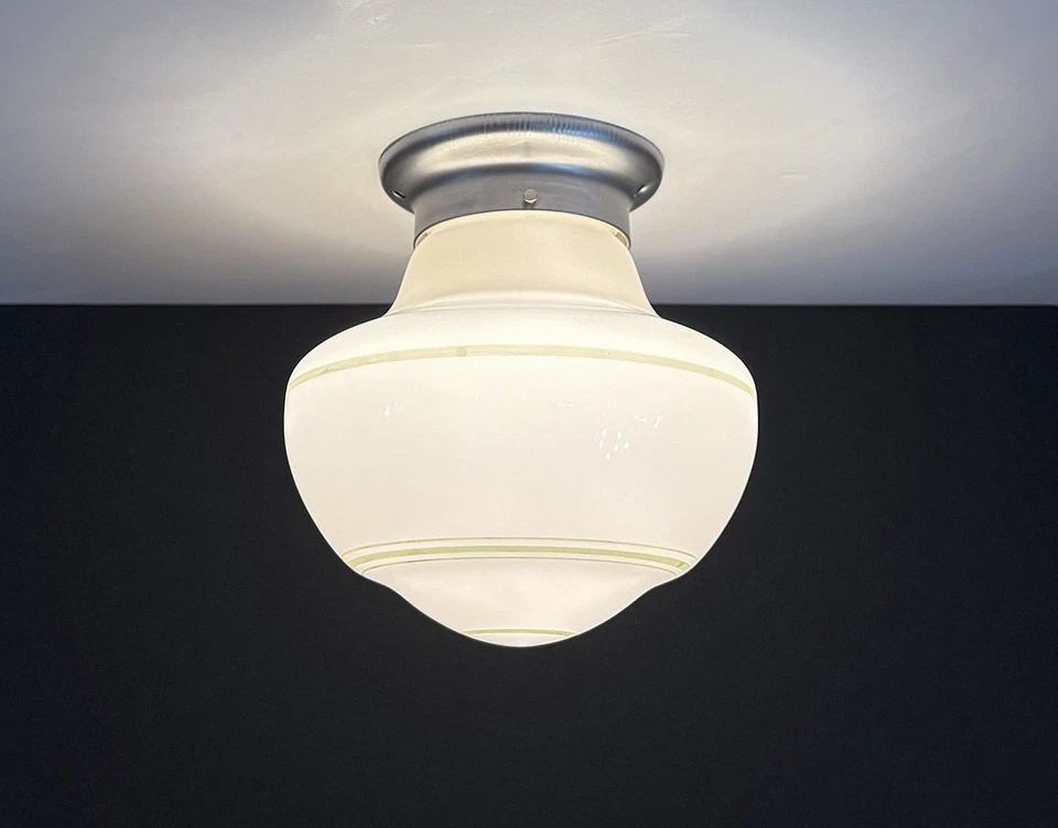 Antique 1920s 30s Art Deco Gatsby Green Swirled Glass Ceiling Light Fixture Vtg - Image 2 of 4