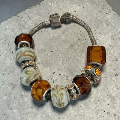 Sterling Silver Charm Bracelet With Mixed Beads & Amber Glass Accents 7.5'' 33g