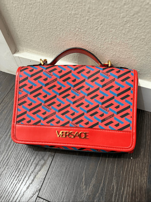 Versace Red Blue La Greca Crossbody Purse Handbag