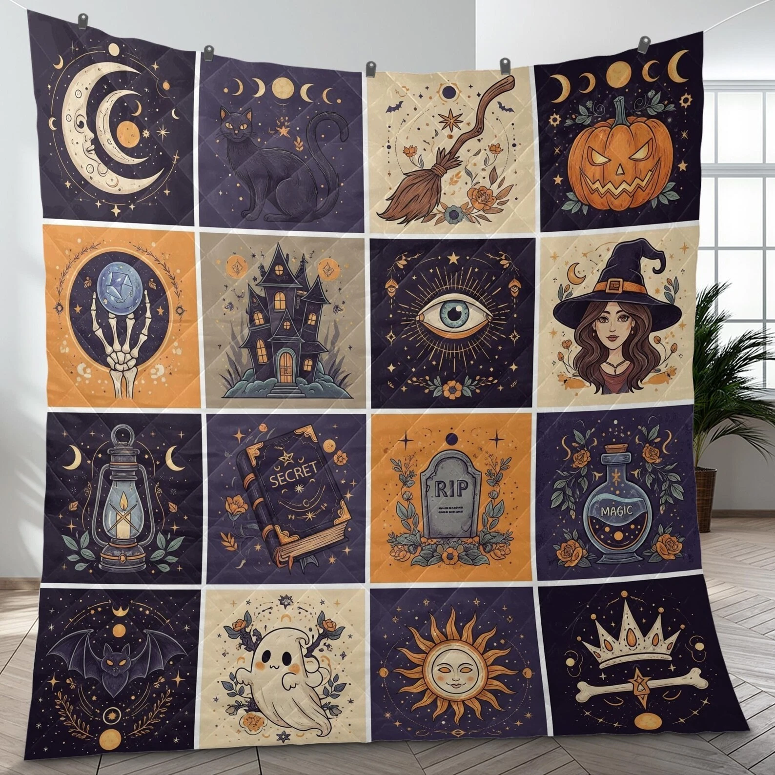 Halloween Patchwork Fleece Blanket with Witch, Haunted House, Pumpkin, Ghost & Moon Design