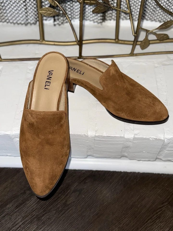Vanelli Teja NWOB $165 Brown Suede Flat Fall Festive Preppy Mules Sz 7.5 - Image 2 of 4