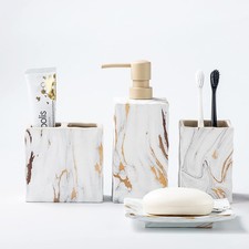 RQYIXI 4-Pc Marble Ceramic Bathroom Set - Toothbrush Holder, Soap Dispenser