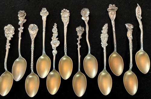 Lot of 12 Harlequin Floral Reed & Barton Sterling Spoons -All Different 114g