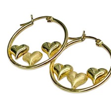 14k Gold Triple Heart Hoop Earrings Matte High Polish