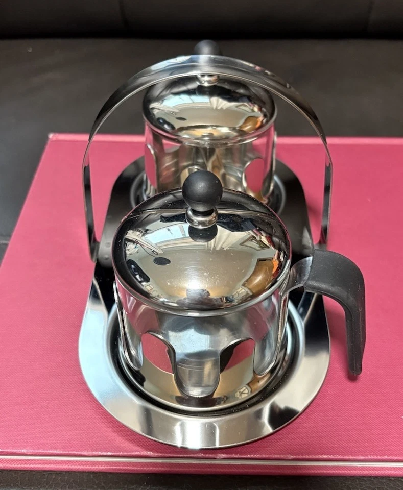 Juego de carrito de azúcar crema vintage Alessi Michael Graves con bandeja acero 18/10 Foto 3 de 4