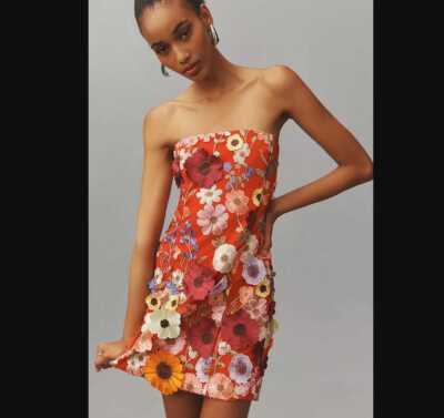 New XS Anthropologie x Endless Rose strapless embroidered mini flower dress  | eBay