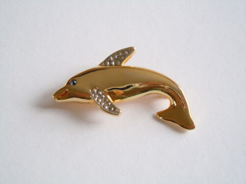Broche de joyería de moda dorado delfín con pedrería azul piedra 9,8g/4,5 x 2,3 cm - Imagen 1 de 2