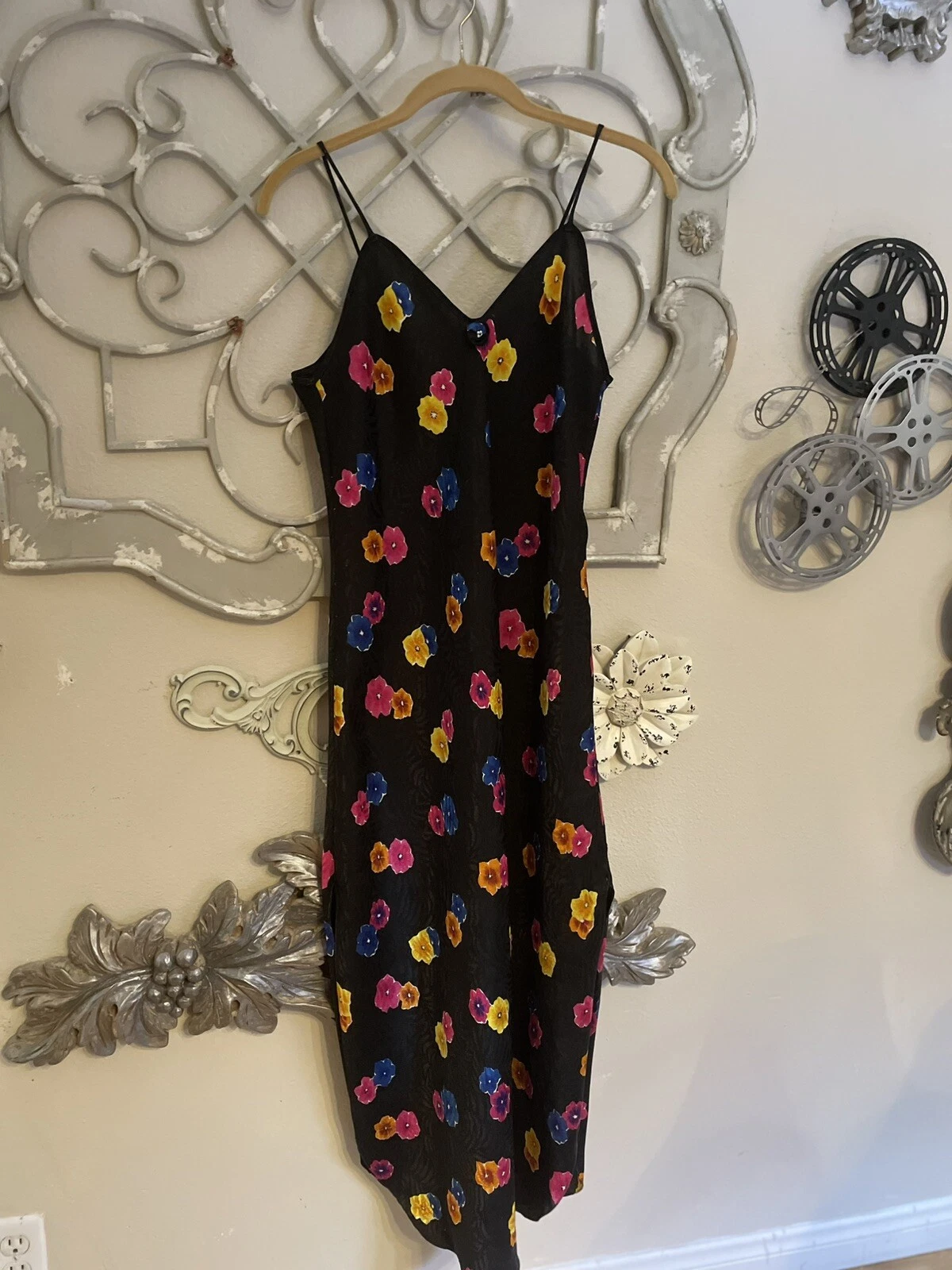 CAMICIA DA NOTTE CHRISTIAN DIOR VINTAGE CON CINTURINO IN SETA nera floreale taglia media.