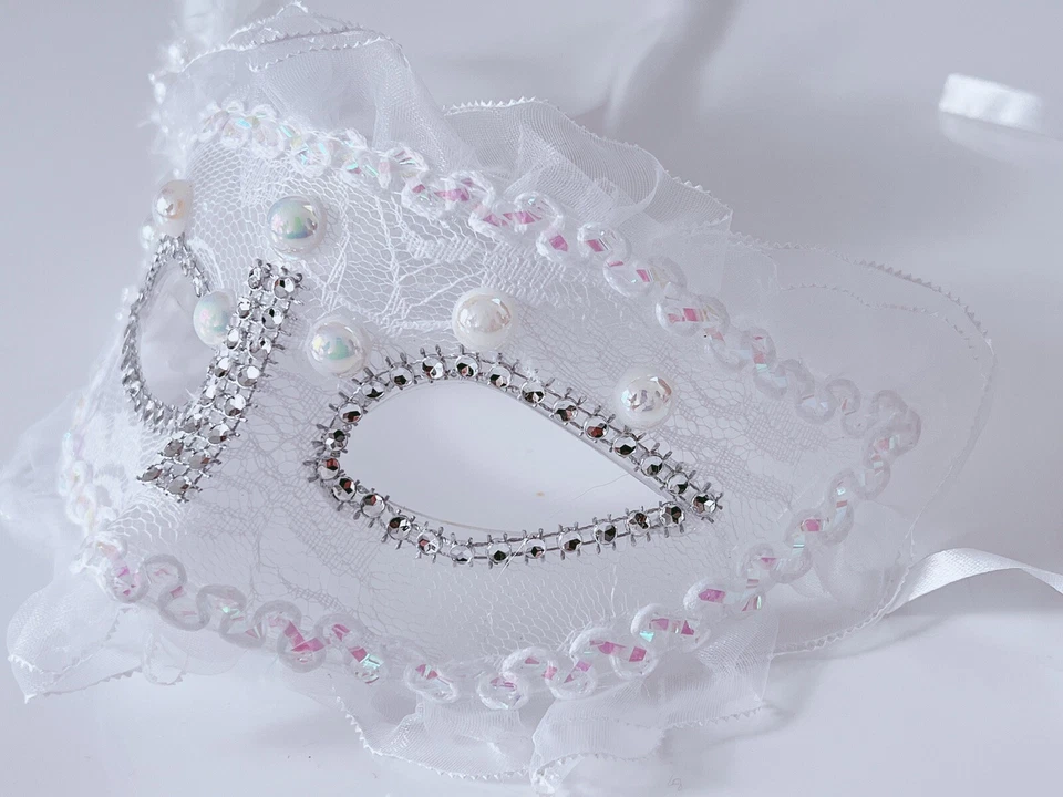 Women Girls Feather Masquerade VENETIAN Ball Party Pearl White Face Eye Mask  - Image 2 of 4