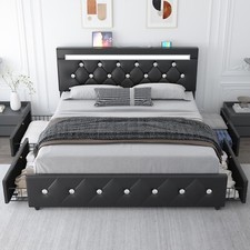 PU Leather Upholstered Platform Bed Frame with LED Lights and Charging Station