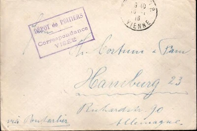 WK1 Kriegsgefangenenpost 1916 Briefumschlag Vienne Frankreich nach Hamburg - Bild 1 von 2