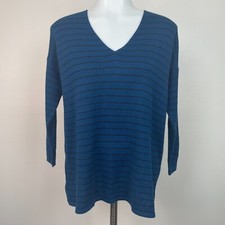 LOFT Sweater XS Blue Black Striped V-Neck Long Sleeve Pullover Women's