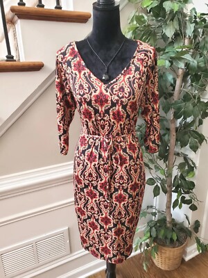 GNW Women's Multicolor Polyester V-Neck Long Sleeve Casual Knee Length Dress M