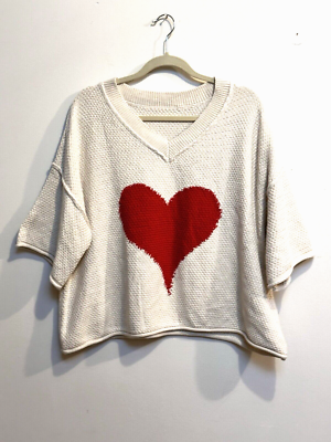 Heart Knitted Sweater, Relaxed Fit, Cream/ Red Heart, Nubby Weave