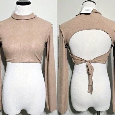 NWT Mimosa Alix Knit Bodycon Crop Top Medium M Tan Tie Back Balletcore Coquette