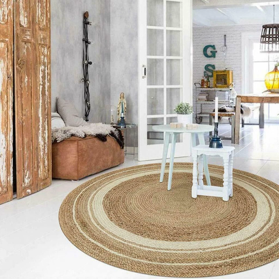 Rug Round Carpet White Line Handmade Reversible Braided Modern Rustic Look - Image 3 of 4