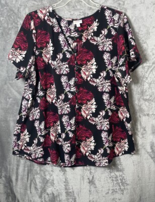 Lularoe Shannah V-Neck Button Down Black /Red Floral Blouse Size Extra Large