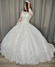Glitter Wedding Dresses Long Sleeve Lace Appliques Buttons Back Bridal Gowns New