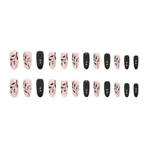 Black Leafs False Nail Medium Oval Press on Nails for Nail Art Decor 24pcs - Bild 2 von 6