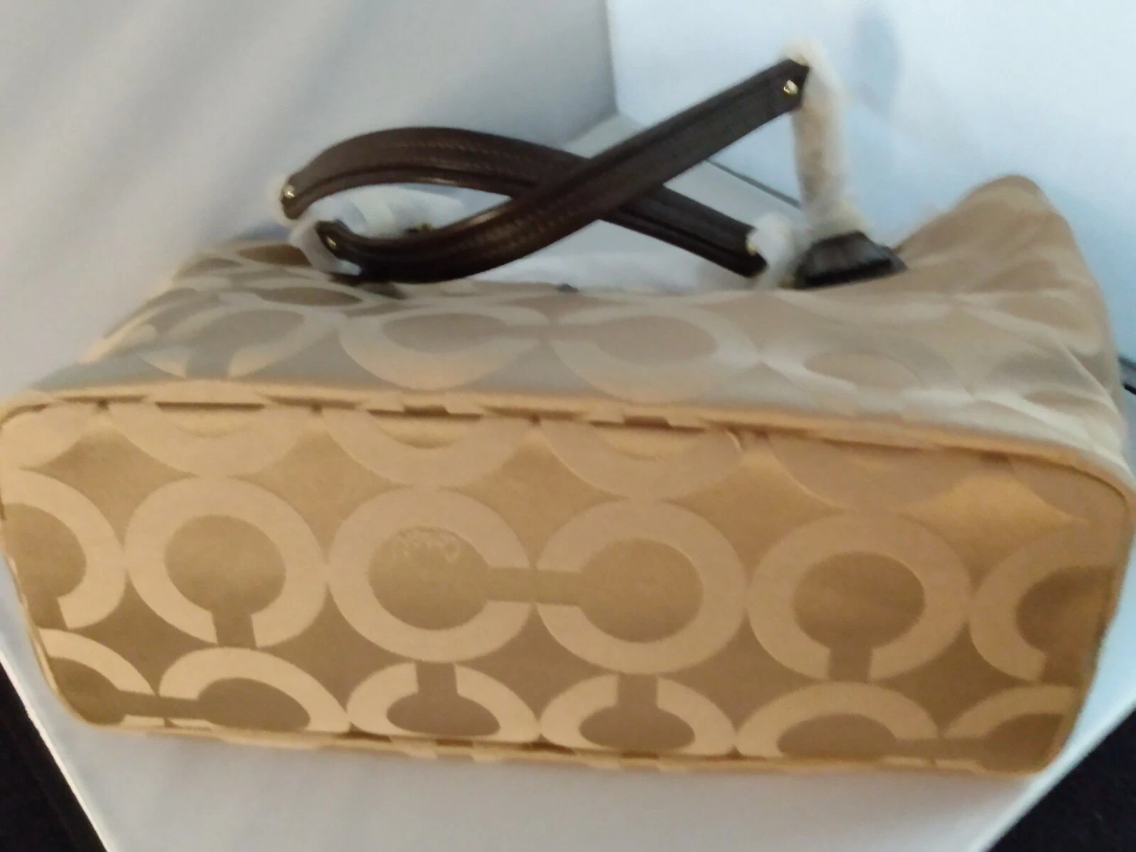 Borsa tote Coach nuova con etichette Madison OP firma arte cachi sateen 20481 B4 cachi