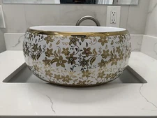 Golden Floral Ceramic Countertop Wash Basin Sink Elegant Bathroom Vanity Bowl