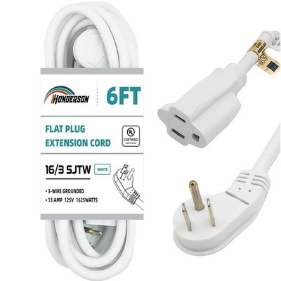 HONDERSON Flat Plug Indoor Extension Cord, UL Listed, 16 Gauge 6FT White 3 Pr...