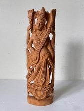 Hand Carved Sandalwood Hindu Goddess Sarewati Worship Figure Statue 9"