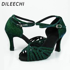 Green Flash Latin Dance Shoes Women Ballroom High Heels Samba Shoes Sandals