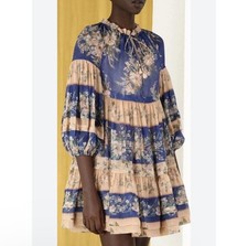 Zimmermann Blue Pink Moonshine Tuck Mini Dress OP AU 6-8 US 2-4 Babydoll Floral