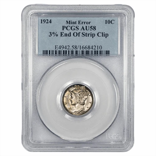 1924 PCGS AU58 Mercury Dime Mint Error: 3% End of Strip Clip